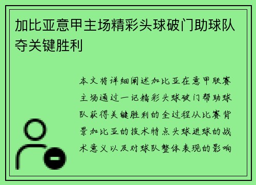 加比亚意甲主场精彩头球破门助球队夺关键胜利 加比亚意甲主场精彩头球破门助球队夺关键胜利
